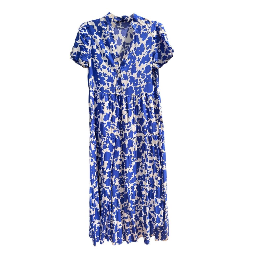Zara Blue & White Floral Print Midi Dress size Small